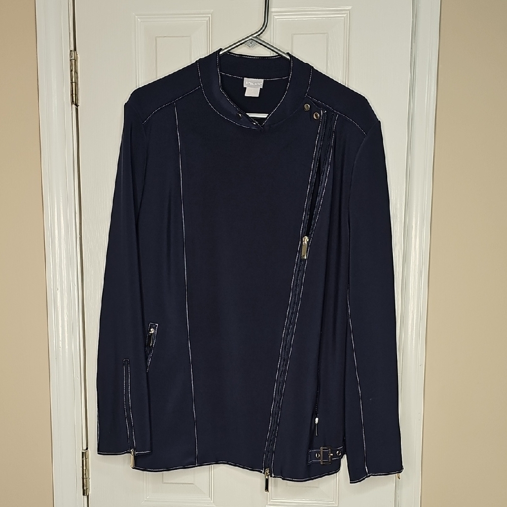 Chico's Navy Moto Jacket with Light Stitch‎ Detail